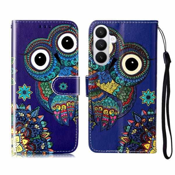 Samsung Galaxy S26+ Case Pattern Leather Wallet Phone Cover with Strap - Blue Owl