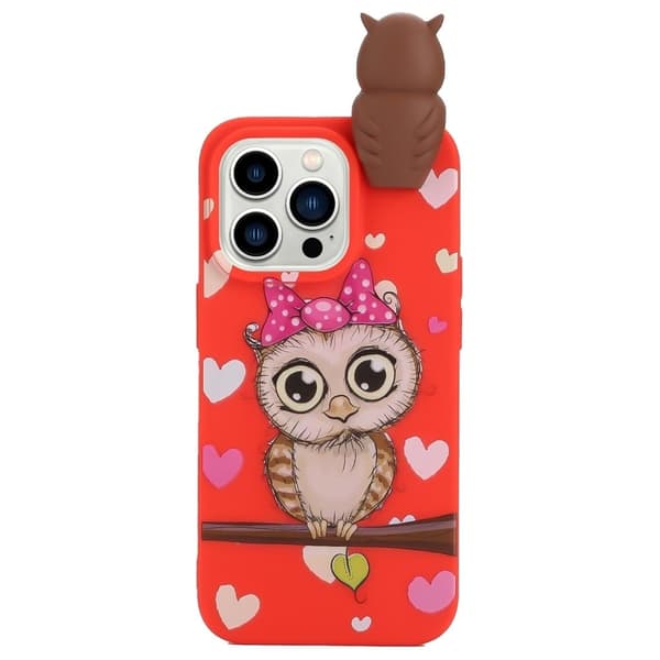 Cute 3d iPhone 14 Pro Etui - Rød Ugle