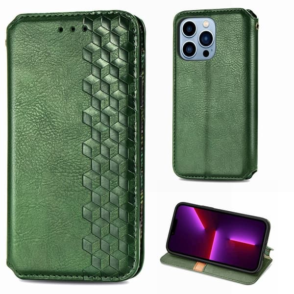 Läder iPhone 13 Pro fodral med romb-design - Grön
