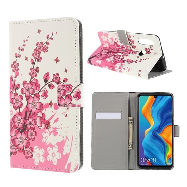 Huawei P30 Lite mønstret læder flip etui - Kirsebærtræ