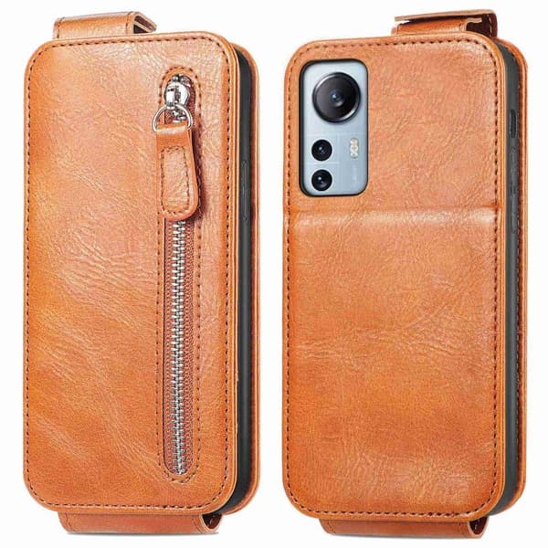 Vertical Flip Phone Etui med Zipper til Xiaomi 12 Lite - Brun