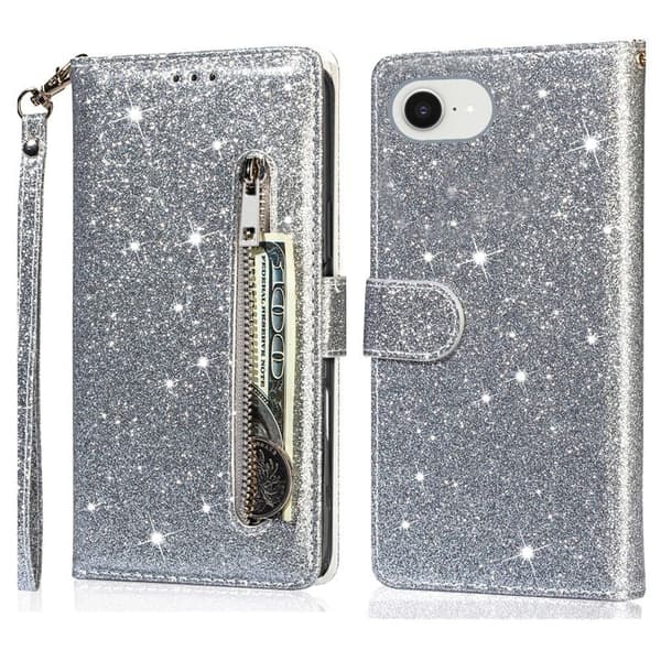 iPhone 16e Stand Case Glitter Phone Leather Deksel Zipper Pocket - Sølv