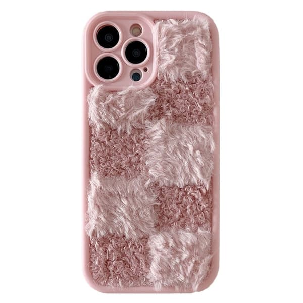 iPhone 15 Pro Max-etui Plush Patchwork Grid Stødsikkert fleksibelt telefon cover - Lyserød