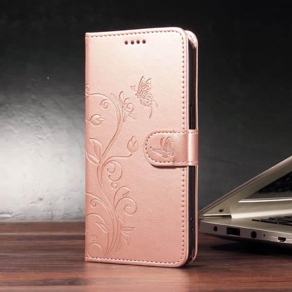 Google Pixel 10a veganskt läderfodral med blommönster, plånboksformat och stativ med rem - Roséguld