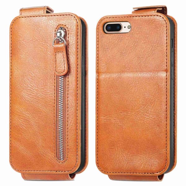 Lodret iPhone 7 Plus flip etui med lynlås - Brun