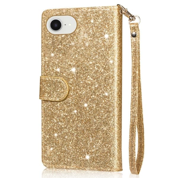 iPhone 16e Stand Case Glitter Phone Leather Deksel Zipper Pocket - Gull