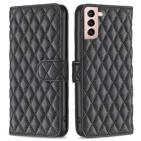 Rhombus Mønster Matte Flip Case til Samsung Galaxy S21 - Sort