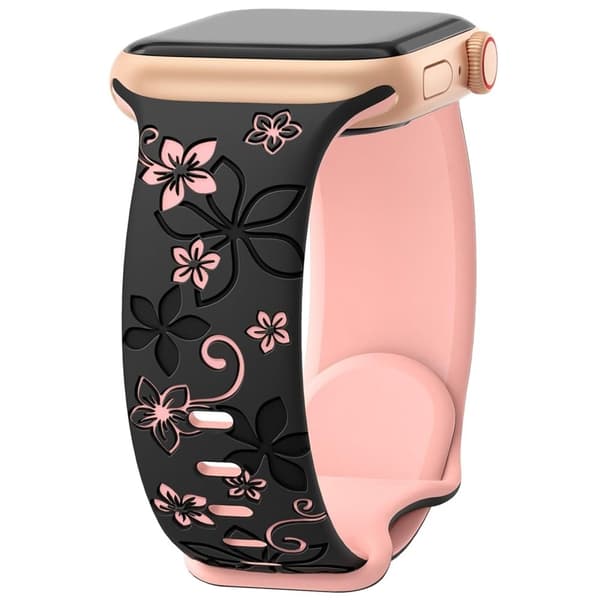 Apple Watch Series 41mm - 40mm - 38mm Silicone Flower Pattern Band - Sort / Lyserød