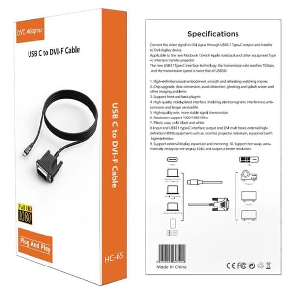 USB 3.1 Type-C til DVI-adapterkabel 1080P / USB-C til DVI-kabel