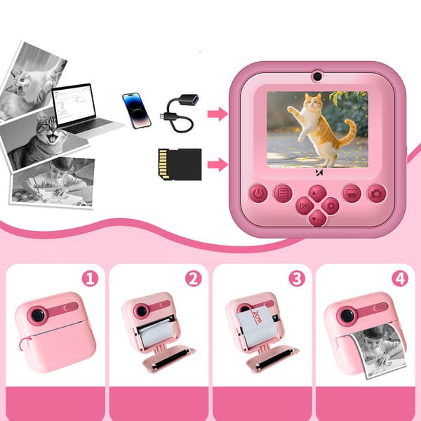 Wozinsky børnekamera med printer / instantkamera til børn / kamera med termoprinter – pink