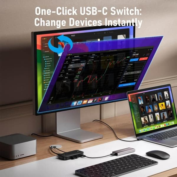 Lemorele KVM-switch H200 USB-C med HDMI 4K 60 Hz og 100 W PD / USB-C-switch / Dataswitch