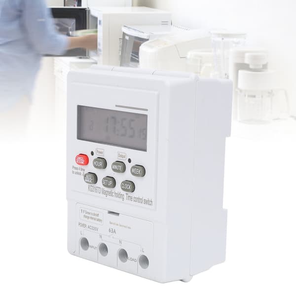 7-dages digital timerkontakt, programmerbar mikrocomputer tidsstyring til AC220V 63A apparater, DIN-skinne montering, hjemmeautomatisering