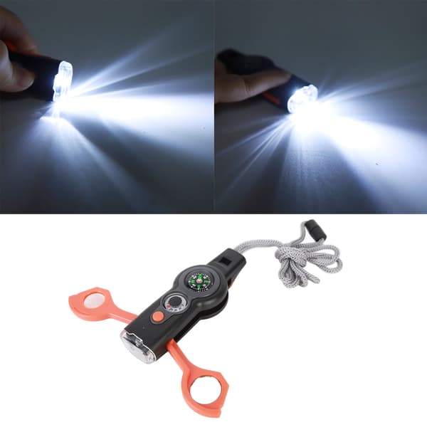 7 i 1 Nödöverlevnadsvisselpipa LED-ljus Termometer Kompass Multifunktionsvisselpipa för vandring klättring Orange