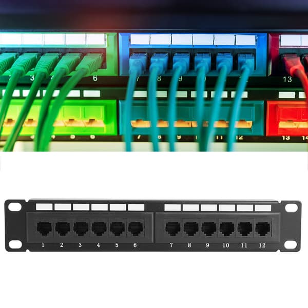 12-ports CAT6 RJ45 UTP Ethernet Patch Panel, 19-tommer Rackmontering, Ingen Beslag, Netværksdatahub