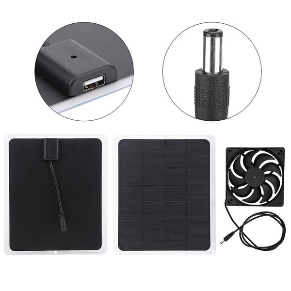 10W 12V solpanel batterioplader med USB-udgang, kæledyrsudsugningsventilatorsæt