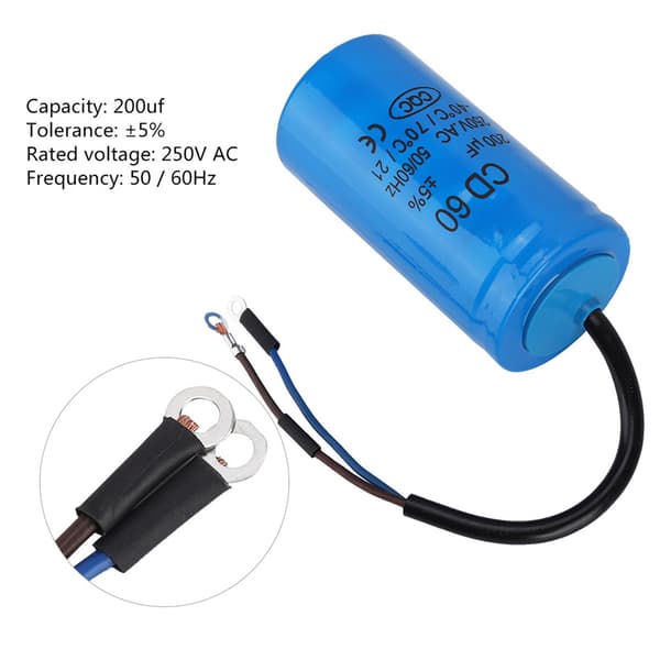 200uF 250V AC CD60 Startkondensator m/ ledninger, 50/60Hz Motorstart Luftkompressor