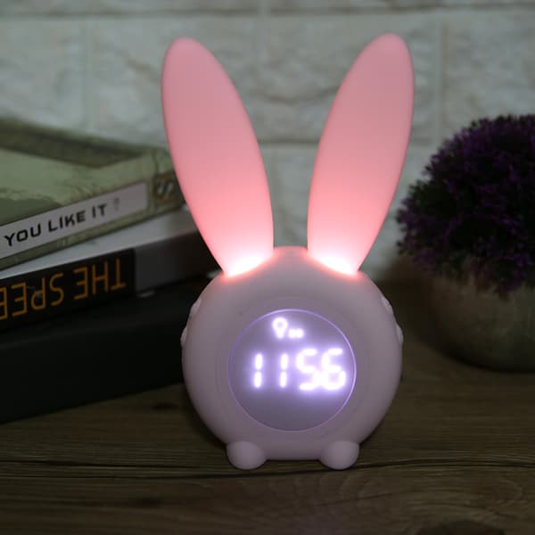 Tecknad Kanin LED Väckarklocka med Temperaturdisplay, Timerfunktion, Rosa Skrivbordsklocka för Sovrum