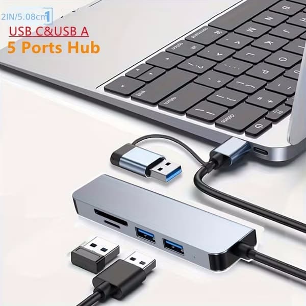 USB-C Hub 5-i-1 med PD Power Delivery, Multi-Port Adapter til telefoner, tablets og laptops