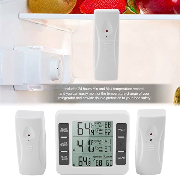 Digital trådlös kylskåpstermometer med hörbart larm, 2 sensorer, min/max-display