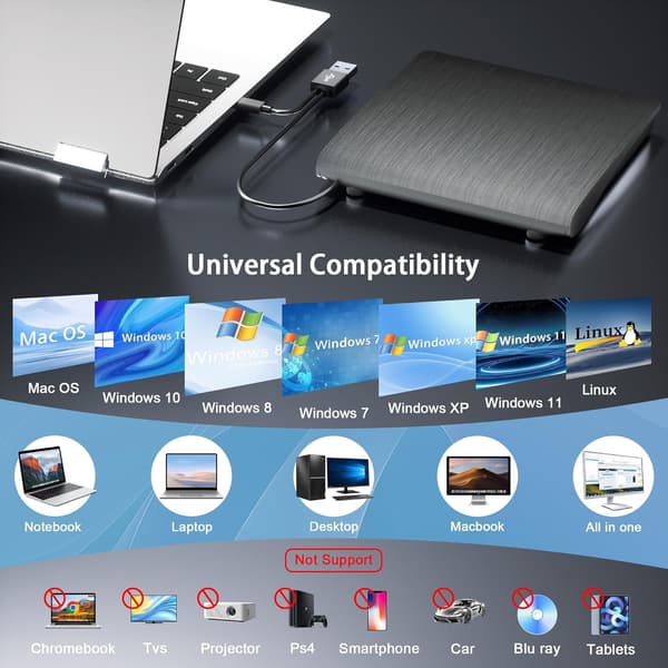 Eksternt USB optisk drev til pc, universel DVD-brænder til bærbare computere, diskforfatter, bærbar CD/DVD-afspiller