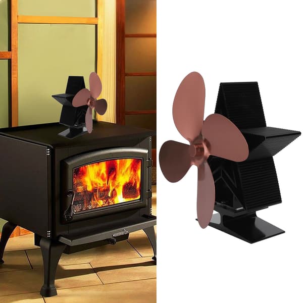 4-bladet varmefyret brændeovnsventilator, bronze pejs tilbehør til varm luftcirkulation