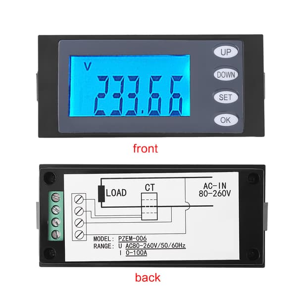PEACEFAIR Digital AC 80-260V 100A Strøm Spænding Watt KWh Tids Panelmåler Voltmeter CT