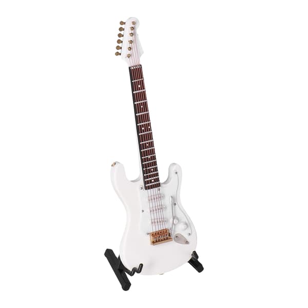 Mini elektrisk basguitarmodel hvid med stativ til dukkehusindretning