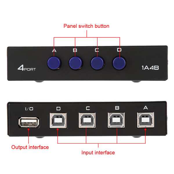 2/4-ports USB 2.0 manuel delingsswitch-boks til pc-printerscanner (4-ports)