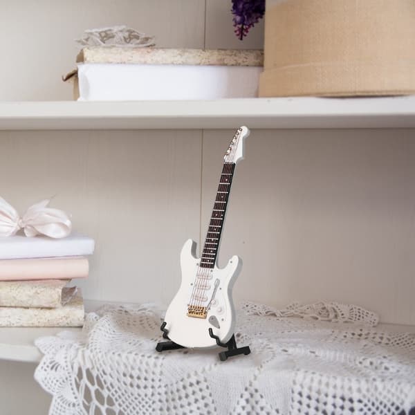 Mini elektrisk basguitarmodel hvid med stativ til dukkehusindretning