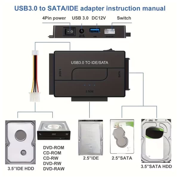 USB 3.0 - SATA IDE -kiintolevysovitin 2,5\"/3,5\" HDD SSD -asemille ja sisäisille levyille
