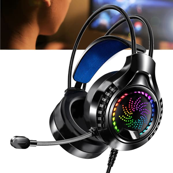 Kablet computerheadset 7.1 lydkanal Justerbart hovedbånd Bløde ørekopper Dobbelt 3,5 mm og USB RGB computer gaming hovedtelefoner