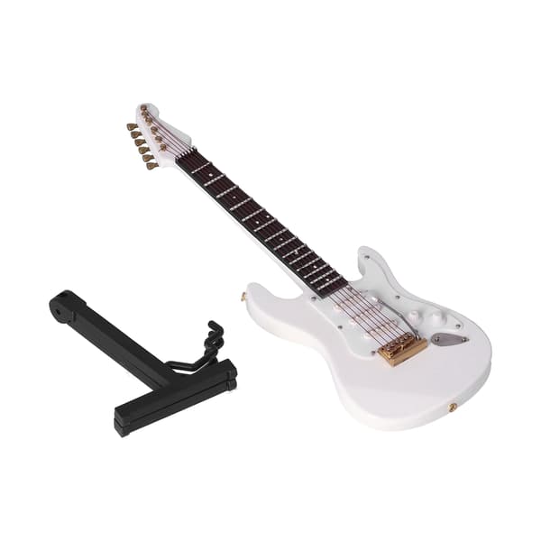 Mini elektrisk basgitarr modell vit med stativ för dockhus heminredning