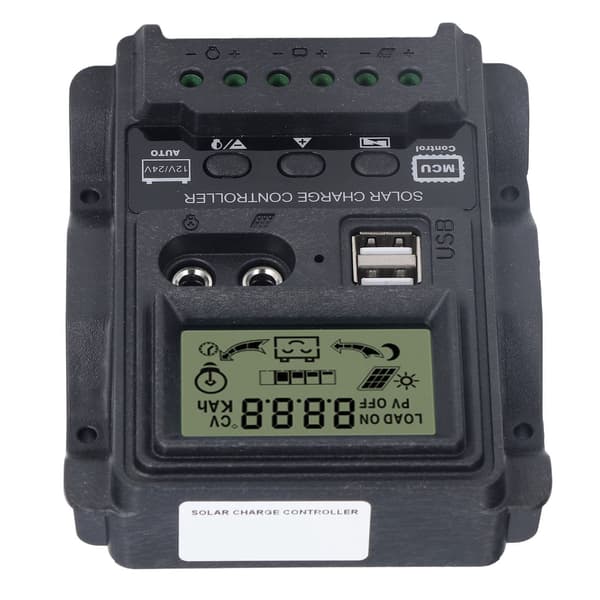 Solpanel PWM-controller 12V/24V 10A Dobbelt USB LCD-display ABS Lysstyring 130W/260W