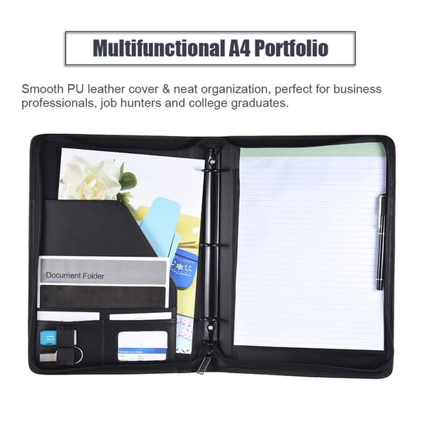 Executive A4 PU Læder Lynlås Padfolio Organizer - Forretningsmappe med Dokumentmappe, Genopfyldelig Løsbladet Notesblok & Kortholder