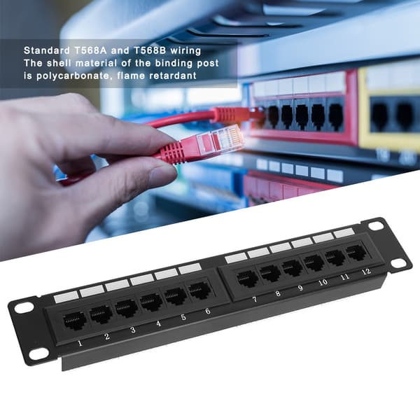 12-ports CAT6 RJ45 UTP Ethernet Patch Panel, 19-tommer Rackmontering, Ingen Beslag, Netværksdatahub
