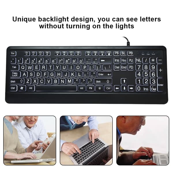 Ergonomisk USB-interface Multimedia LED Hvid Baggrundsbelyst Tastatur til Ældre Mænd