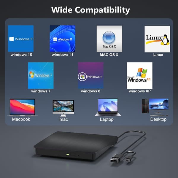 Eksternt USB optisk drev til pc, universel DVD-brænder til bærbare computere, diskforfatter, bærbar CD/DVD-afspiller