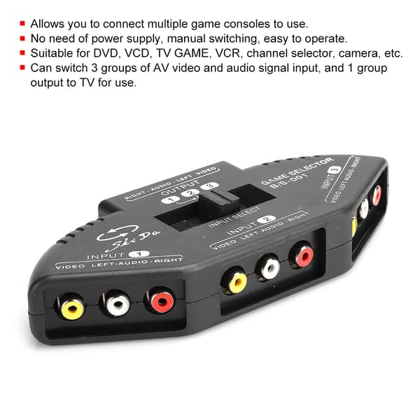 3 ind 1 ud Audio Video RCA Splitter Sort Switch Selector med AV-kabel til DVD VCD VCR Sort