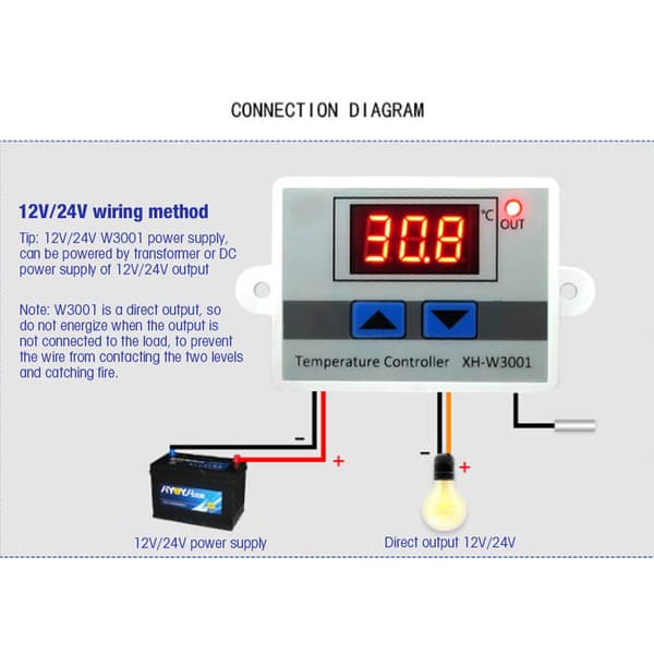 XH-W3001 Digital termostatregulator 24V 240W med vattentät NTC-sensorprob