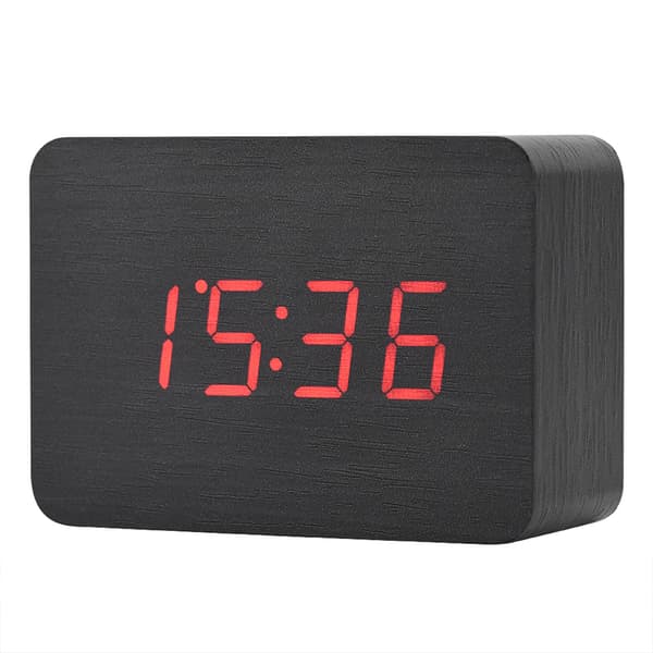 Træ Elektronisk Digital Vækkeur Temperatur LED Display Lydkontrol Sort