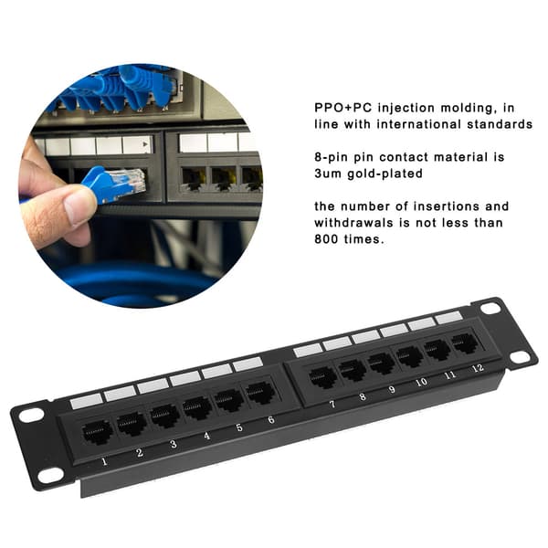 12-ports CAT6 RJ45 UTP Ethernet Patch Panel, 19-tommer Rackmontering, Ingen Beslag, Netværksdatahub