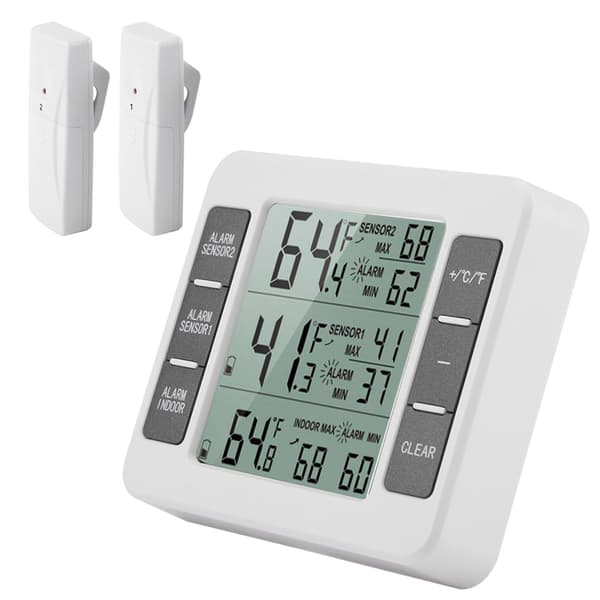 Digital trådlös kylskåpstermometer med hörbart larm, 2 sensorer, min/max-display