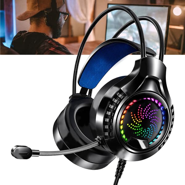Kablet computerheadset 7.1 lydkanal Justerbart hovedbånd Bløde ørekopper Dobbelt 3,5 mm og USB RGB computer gaming hovedtelefoner
