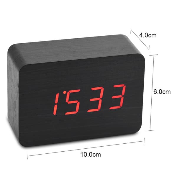 Digital Väckarklocka i Trä med Temperatur LED-Display Ljudkontroll Svart