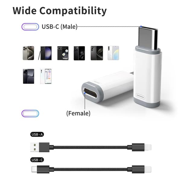 USB-C Adapter Aluminium Han til USB-C Hun til iPhone 16, 2-pak, Hurtig Opladning Datasynkronisering, Sølv