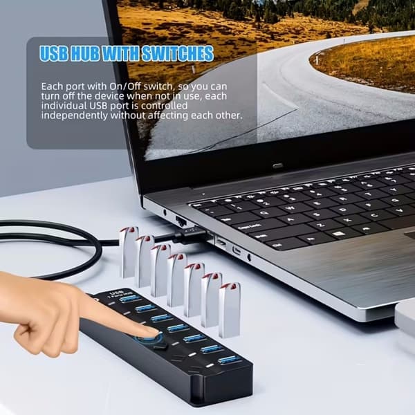 7-ports USB 3.0-hub med LED-afbryder og forlængerkabel til MacBook, Mac Pro, Mac Mini, iMac, Surface Pro, XPS, stationær pc