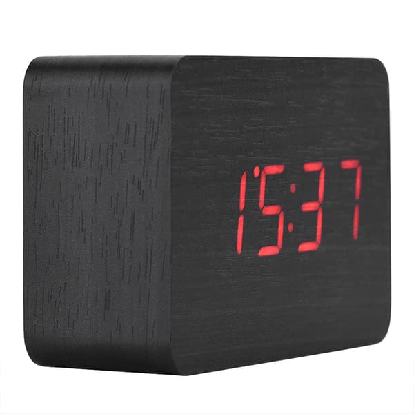 Træ Elektronisk Digital Vækkeur Temperatur LED Display Lydkontrol Sort