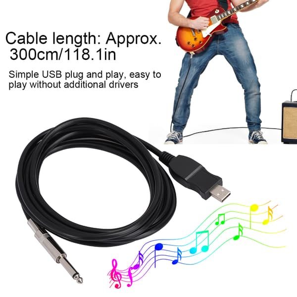 Bärbar Gitarr USB-ljudkabel Dator Kabel Länk Anslutning Instrumentadapter Svart 300cm