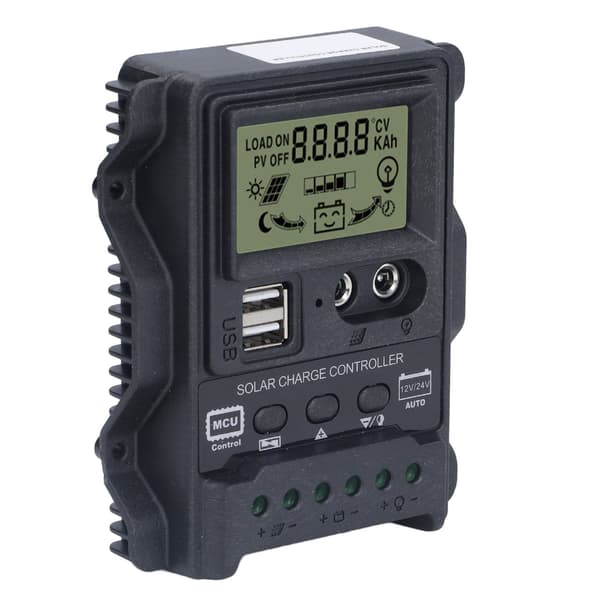 Solpanel PWM-controller 12V/24V 10A Dobbelt USB LCD-display ABS Lysstyring 130W/260W