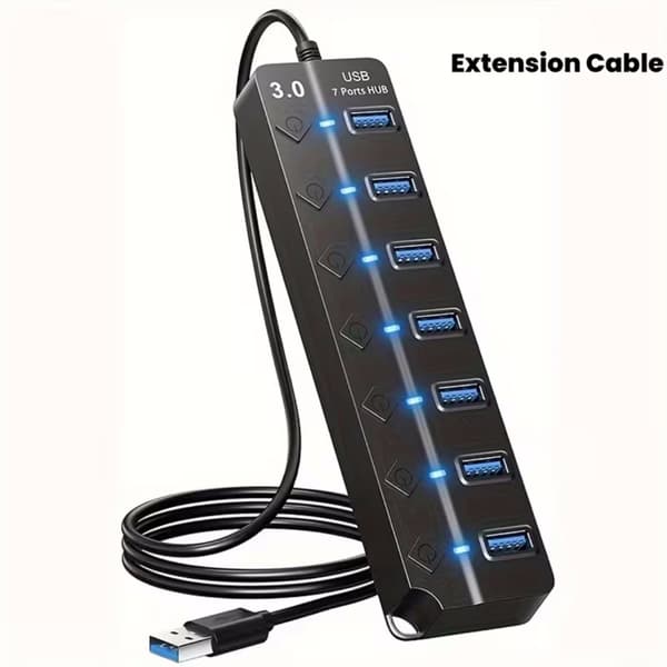 7-ports USB 3.0-hub med LED-afbryder og forlængerkabel til MacBook, Mac Pro, Mac Mini, iMac, Surface Pro, XPS, stationær pc